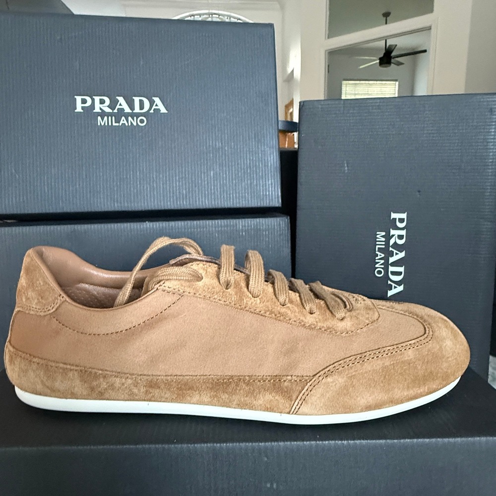Prada Milano 2EG442‎ Men Brown Suede & Fabric Low Top Sneakers Trainers Sz UK 11